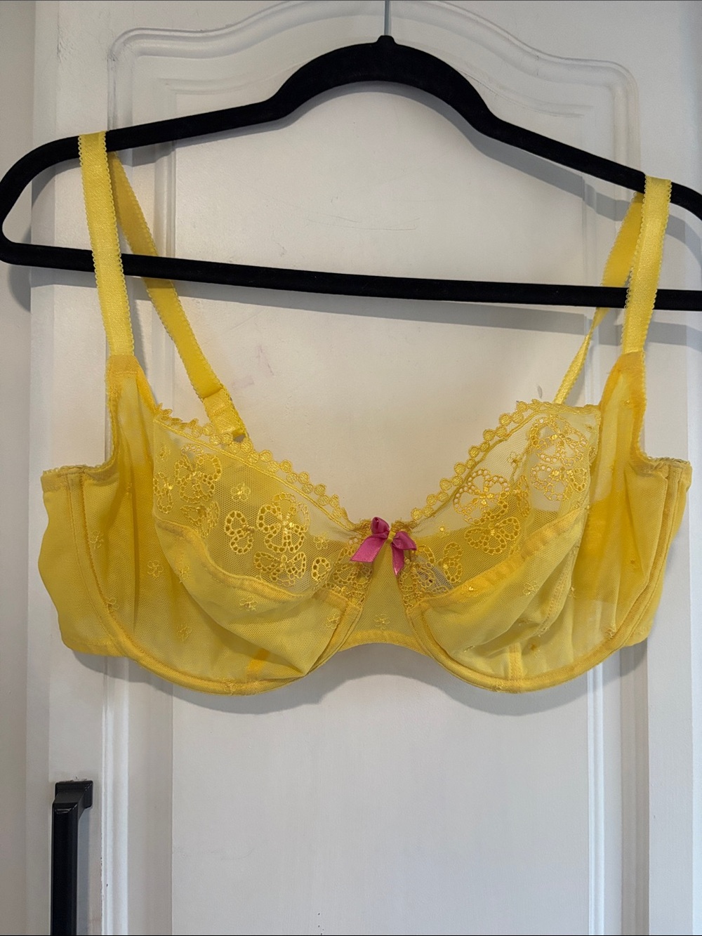 Cleo Lucy 5851 38 E (DD) Yellow Lace Underwire Bra with Pink Bow